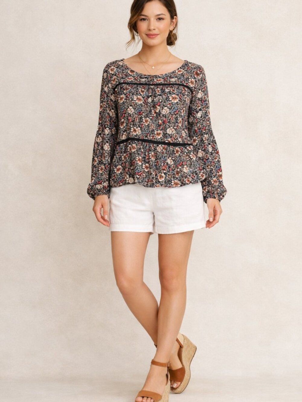 Knox Rose BoHo, long sleeve floral print blouse with tassel ties in the back Med